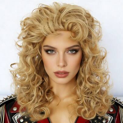 80s Big Voluminous Curly Wig For Women - Medium Length Honey Blonde Synthetic Hair Wig, Fluffy Retro Permed Curls, Natural Looking, Heat Resistant Fiber, 80s 90s Disco Rocker Cosplay Costume Wig, Full Volume Curly Wig For Holiday, Carnival, Throwback Parties, Music, Theme Events, Daily Use, Photo Shoots & Stage Performance, Easy To Wear & Style