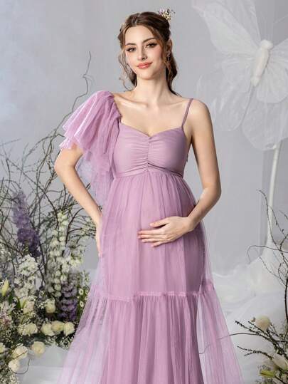 Faeriesty Elegant Maternity Sweetheart Collar Sleeveless Dress, With Ruffle Shoulder Details And Multi-Layered Tulle Skirt, Suitable For Maternity Portraits, Romantic Pregnancy Photography, Anniversary Celebrations, Garden Parties And Formal Family Dinners