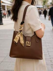 1pc PU Shoulder Tote Bag With Silk Scarf Decor, Large Capacity, Lightweight Multi-Purpose, Suitable For Commuting To Work - Coffee Brown - View 2