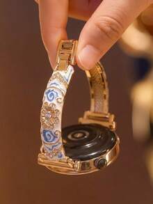 Light Luxury Oil Painting Metal Linked Strap Suitable For Galaxy Watch 7/6/5/4 Strap 40 Mm 44mm 47mm 46mm 41mm,Galaxy Watch 5 Pro 45mm,Galaxy Active 2,Galaxy The Watch 3,18/20/22mm, Compatible With HW Watch 5/4/3/2/1 And GT5/4/3/2, As Well As HW Watch Fit3/Fit4 And HW Band 8/9/10NFC - Gold - View 2