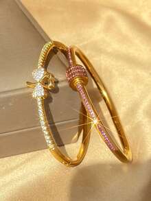 18K Gold Plated Stainless Steel Heart Jewelry Set For Women, Gold Bangle, Ins Style Shiny Zirconia Layered Bracelet, Mother's Gift, Christmas, Thanksgiving, Halloween, Wedding Jewelry, Anniversary, Valentine's Day Gift, Boho Style Daily Party - Multicolor - View 3