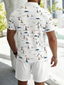 Bộ đồ nam mùa hè kiểu dáng nghỉ mát, in hình thuyền buồm, gồm áo polo tay ngắn và quần short thường ngày. - Nhiều màu - Xem 2