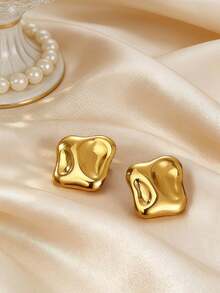 A Pair Of Unevenly Shaped Golden Thick Women's Earrings With A 14K Gold Plating - Fashionable Jewelry With Unique Geometric Design, Exquisite And Elegant Earrings, Suitable For Daily Casual Wear, The Best Gift - Gold - View 2