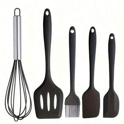 5pcs Silicone Baking Tool Set, Cooking Utensils Set, Non-Stick Cookware Tool Set With Whisk, Spoon, Oil Brush, Scraper, Washable Modern Kitchenware, Kitchen Essentials, Small Tools