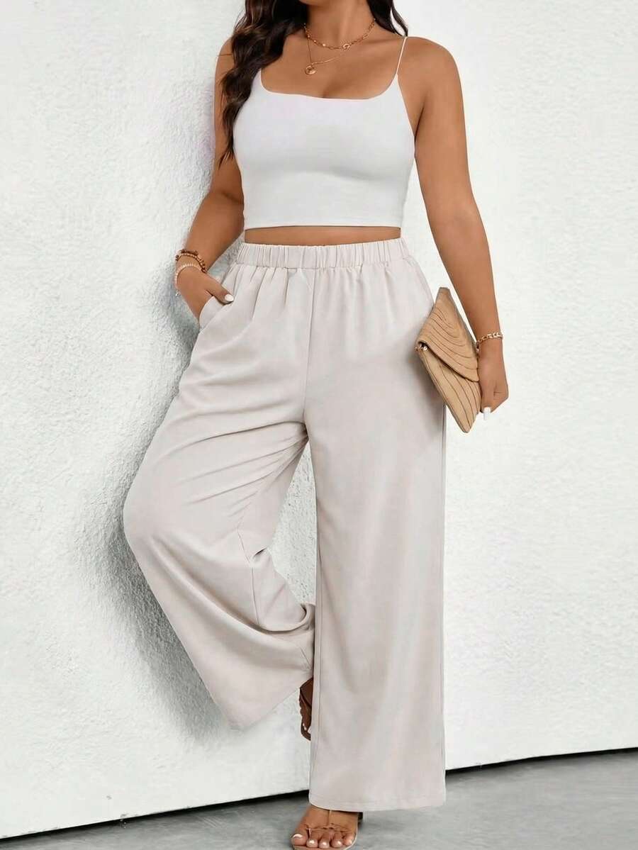 Quần ống đứng có túi, cỡ lớn, màu mơ, thích hợp mặc thường ngày, đi mua sắm, dự tiệc, thời trang cho mùa xuân/thu, phù hợp cho nhiều dịp lễ hội. - Màu be - Xem 1