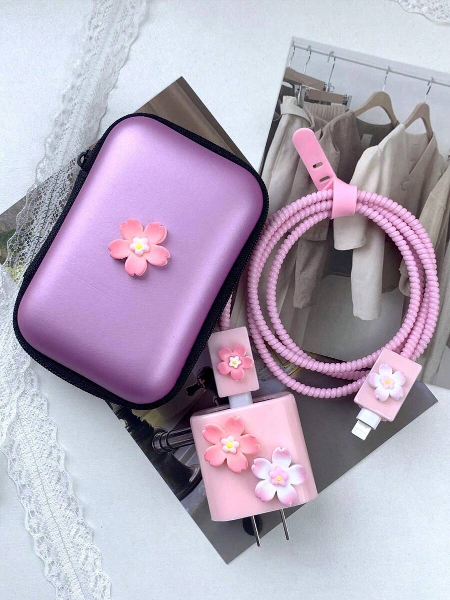 6件套INS风3D樱花苹果20W充电器、数据线、收纳盒、充电器保护套礼品套装 - 彩色 - 查看 1
