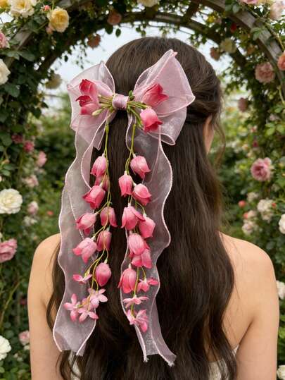 1pc Spring/Summer New Mesh Bow Lily Of The Valley Flower Hair Clip, Sweet & Cute Accessory For Girls, Suitable For Daily Wear, Wedding, Party, Beach Holiday, Hairpin