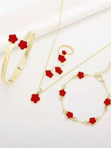 Bộ trang sức trang trí hoa may mắn 6 món cho nữ, 1 đôi hoa tai, 1 vòng cổ, 1 vòng tay, 1 vòng tay dạng vòng tay, 1 nhẫn, thích hợp để đeo hàng ngày - Nhiều màu - Xem 16