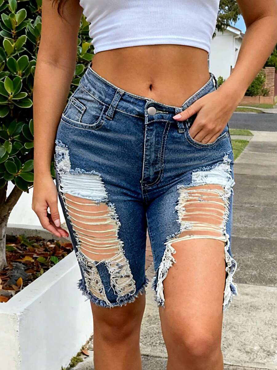 Women's Sexy Distressed Washed Denim Shorts - Dark Wash - View 1