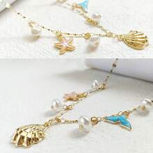 1 Collar de varias capas con colgante en forma de estrella, con cola de pez, perla falsa, borla, estrella de mar y concha de playa, inspirado en el viento del océano - Dorado - Ver 3