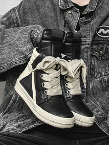 Men's Athletic And Casual Shoes, Thick Shoelaces, Round Toe, High-Top Casual Shoes, Niche Retro Platform Skate Shoes. - 黑色 - 查看 2