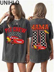 Disney Lightning McQueen  Printed Summer Heavyweight Retro Washed Street Fashion Casual T-Shirt - 黑色 - 查看 1