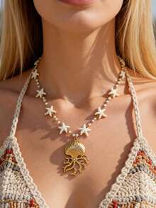 Mazuer 1pc 18K Gold Plated Starfish, Shell, Octopus Pendant Beaded Necklace, Bohemian Style Stainless Steel Jewelry For Women, Suitable For Vacation And Daily Wear, Layering Accessory - Yellow Gold - View 4