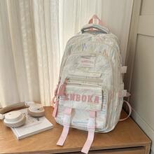 Mochila bordada de alta calidad y moda, bolsa escolar casual de gran capacidad para estudiantes con colgante - Blanco - Ver 8