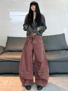 1pc Japanese Street Style Women's Patchwork Printed Curved Leg Loose Wide Leg Jeans Comfortable All Season Long Pants (This Product Does Not Include Belt/Accessories) - Red - View 12