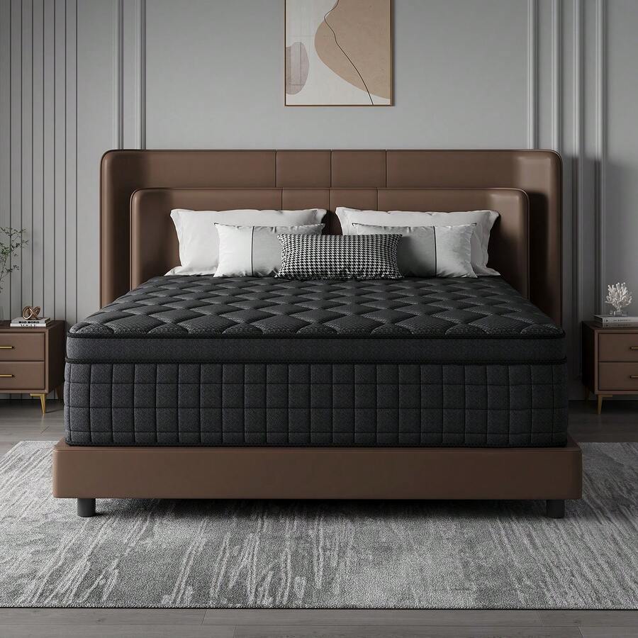 10"12"14" Queen Mattres Twin Full Queen King Size Bed Mattress In A Box, Hybrid Pocket Spring Breathable Cotton Layer Mattress For Motion Isolation & Silent Sleep, Lumbar Support & Pressure Relief, Medium Firm - Màu xám đen - Xem 1