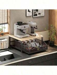 金属と木製の電子レンジラック引き抜き式引き出し付き-多層のオープングリッド台面収納箱、コーヒーメーカー、ティーバッグ、食器に適しています-省スペースキッチンラック、パパ&クリスマスプレゼント、シンプルなデザイン、頑丈な構造、家庭料理人必須 - ホワイト - チェックする 5