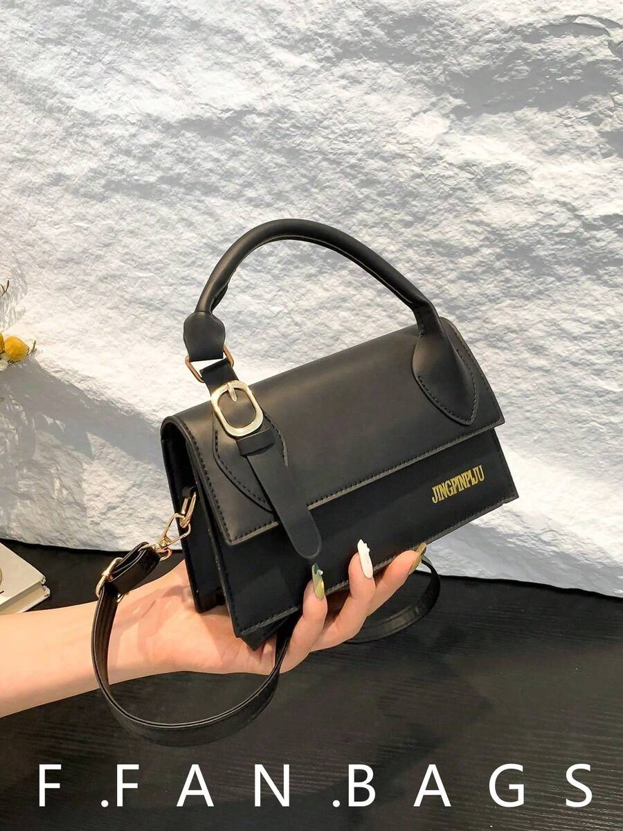 纯色PU皮革拼接蝴蝶结设计方形翻盖斜挎包，适合女性日常通勤、购物、旅行、聚会、夜店、度假、生日礼物等场合。 - 黑色 - 查看 1