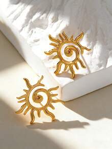 1对时尚精致金色金属螺旋光芒四射太阳设计耳环，简约风格女士耳环，适合日常佩戴、度假、节日佩戴 - 金色 - 查看 1