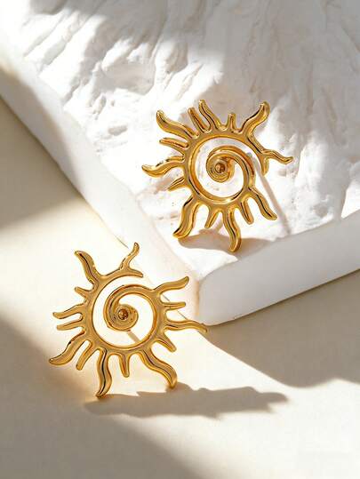 1对时尚精致金色金属螺旋光芒四射太阳设计耳环，简约风格女士耳环，适合日常佩戴、度假、节日佩戴