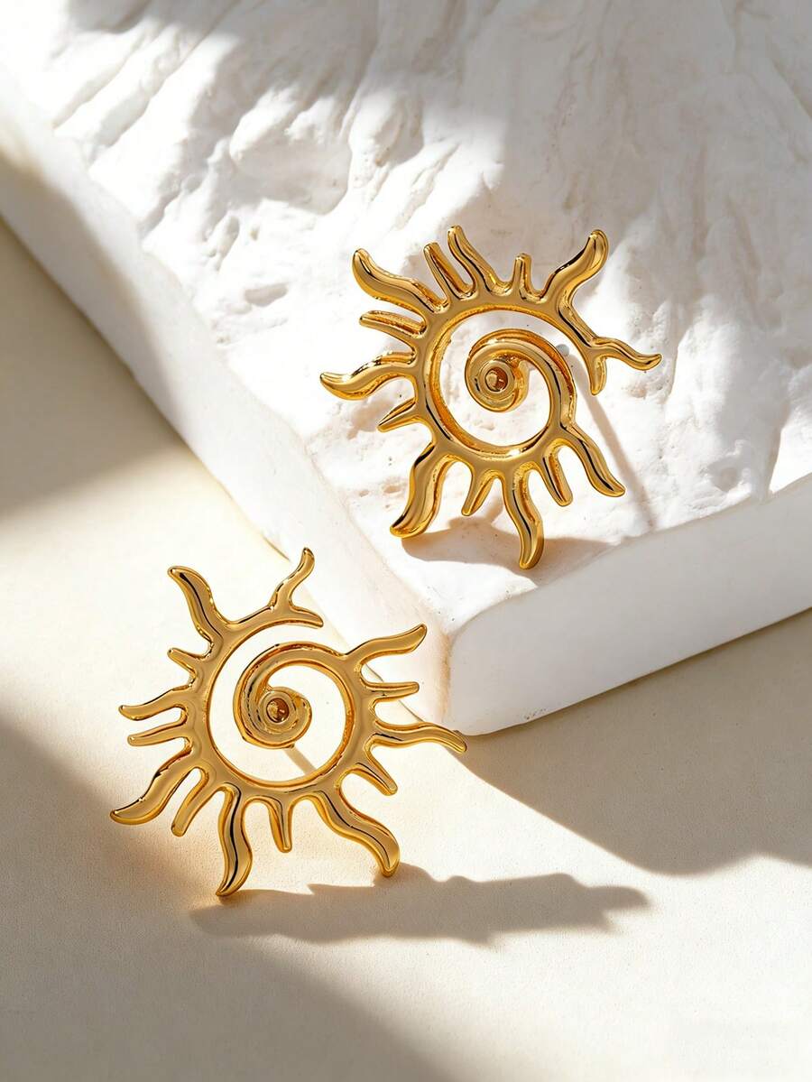 1对时尚精致金色金属螺旋光芒四射太阳设计耳环，简约风格女士耳环，适合日常佩戴、度假、节日佩戴 - 金色 - 查看 1