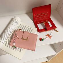 Cherry Pendant, Lychee Texture Small Wallet, Women's PU Leather Short Zipper Wallet, Fashion Coin Purse - Multicolor - View 3