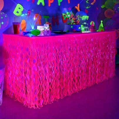 1pc/2pcs Party Decorations, Neon Glow Macaron Party Decor, Colorful Wavy Metallic Foil Tassel Table Skirt, Suitable For Neon Parties, Festivals, Birthdays, No Power Required