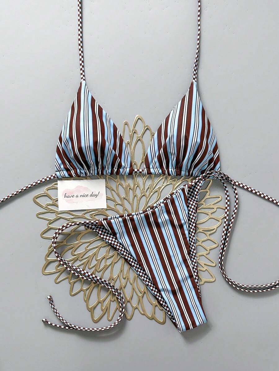 2 pezzi Bikini con stampa floreale retrò e a blocchi di colore, adatto per spiaggia, piscina, crociera, feste in vacanza primavera ed estate