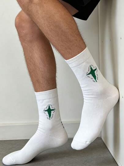 4 Pairs Unisex Black & White Patterned Heart & Diamond Casual Home Socks, Versatile Decorative Mid-Calf Socks