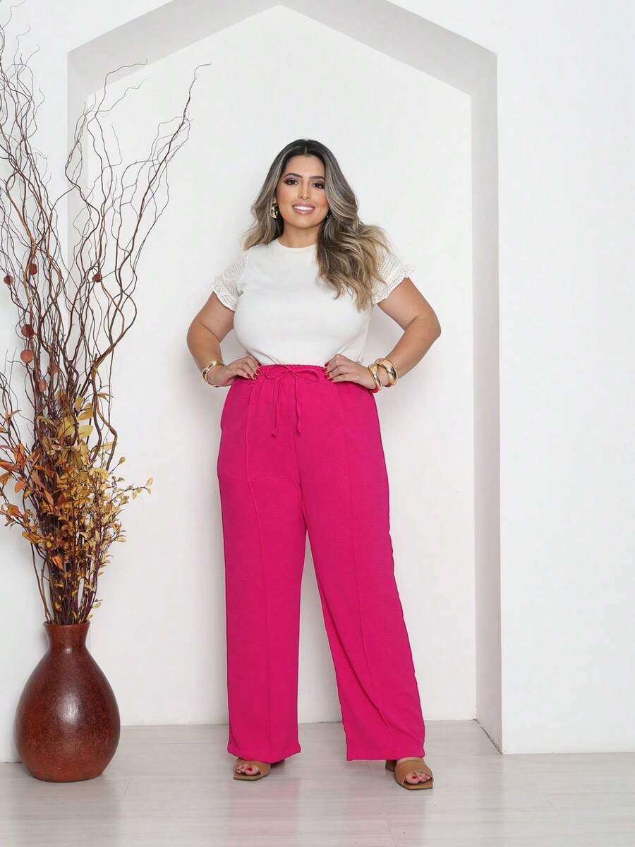 Women's Plus Size Wide-Leg Pants By Duna With Pockets - Hot Pink - View 1