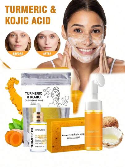 1/3/5块手工姜黄酵素皂、柠檬姜黄酵素美白皂、洁面套装，含起泡网和去角质毛巾，另加1瓶姜黄大马士革玫瑰洁面慕斯。深层清洁并滋润肌肤，富含姜黄、维生素E和玫瑰提取物，天然温和配方，适用于面部和身体。
