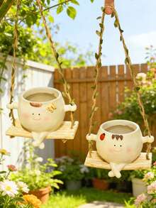 Smiling Flower Pot Hanging Planter, Suitable For Indoor And Outdoor Plants, Cute Hanging Flower Pot For Pearl String Plants, Happy Resin Succulent Planter, Gift For Her, Best Birthday Gift For Valentine's Day - A - View 4