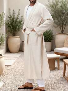 Men's Muslim Cardigan Robe, Home Robe, Casual Vacation Robe, Courtyard Style Robe, With Pockets On Both Sides And A Forked Hem, Moderate Length - Champagne - View 6