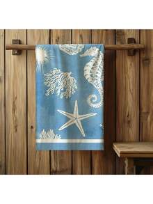6pcs Modern Cartoon Ocean Theme Kitchen Towels, Soft Polyester Dish Cloths, Starfish & Shell Design, Machine Washable, Rectangular Hand Towels, Suitable For Beach Party Supplies - Navy Blue - View 3