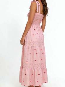 Vestido de mujer con tirantes anudados, sin mangas, con escote cuadrado, estampado floral de cerezas, vestido largo fruncido. - Rosa - Ver 5