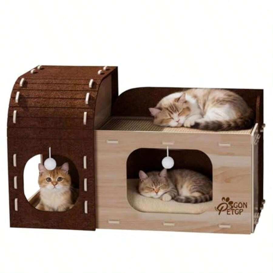 Large Cat Beds For Indoor Cats Two-Story Cat Cave Cube For Multiple And Large Kitties Foldable Cat Houses Hideaway Condo With Fluffy Ball Scratch Pad Removable Washable Cushioned Pillow - Màu nâu - Xem 1