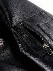 Men's Retro Black PU Leather Motorcycle Rider Embroidered Jacket With Zipper Closure, Casual Street Style, Durable Polyester Lined Aviator Windproof Leather Jacket - Black - View 6