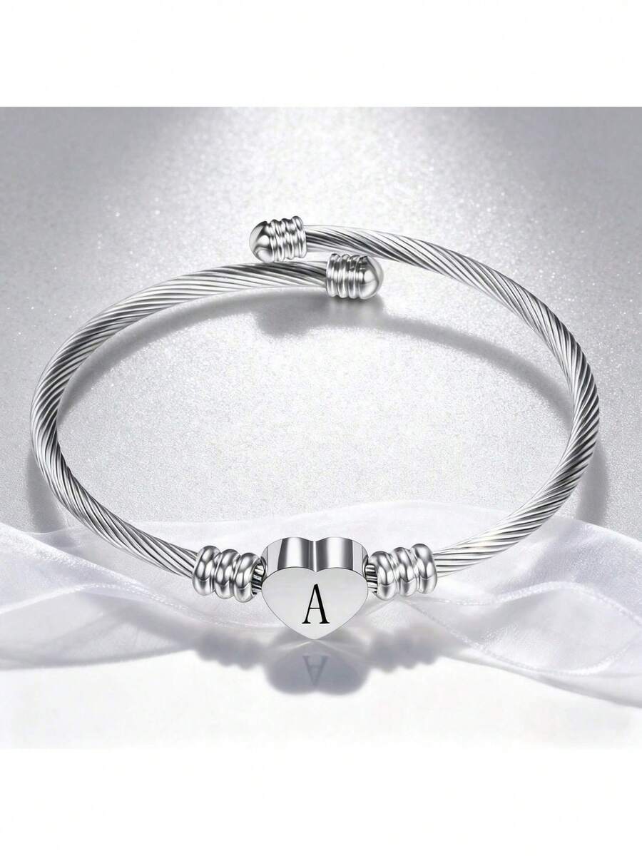 Silver Heart Initials Bracelet-A-Z Stainless Steel Engraved Charm Bracelet, Woman Jewelry Birthday Festival Gift - bạc - Xem 1
