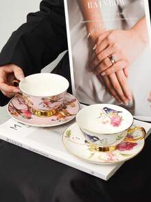 一套骨瓷金彩花鸟图案陶瓷咖啡杯碟，美式拿铁杯碟，家用水杯，下午茶咖啡杯，节日礼物，生日祝福，派对用品 - 彩色 - 查看 5