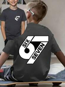 男童“六七”67数字字母印花T恤，适合男孩街头、校园、活动、日常穿着，时尚夏季上衣 - 深灰色 - 查看 1