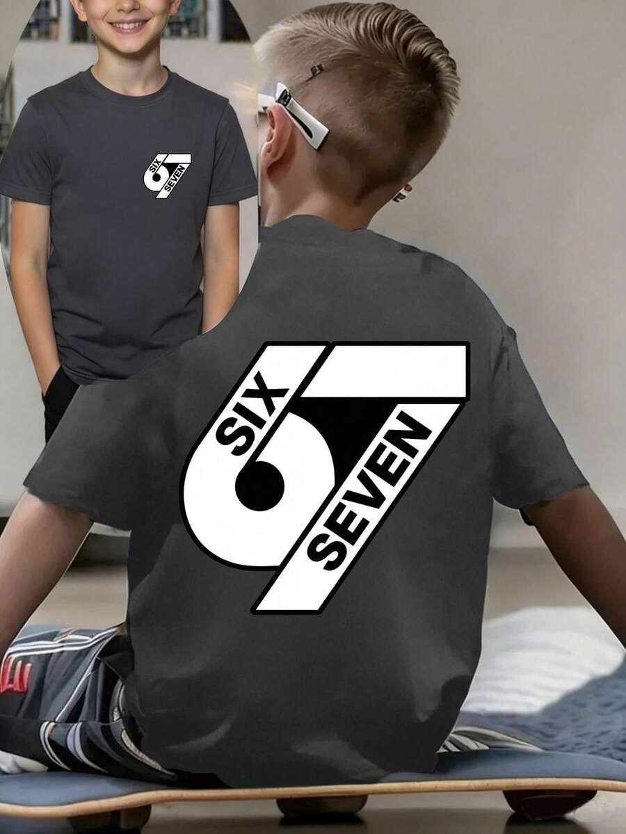 男童“六七”67数字字母印花T恤，适合男孩街头、校园、活动、日常穿着，时尚夏季上衣 - 深灰色 - 查看 1