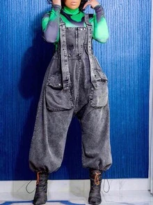 Women's Denim Multi-Pocket Baggy Jumpsuit Overalls: Wide-Leg Relaxed Fit With Drawstring Cuffs - Versatile For Daily Outings, Commute, Travel & Dates - màu đen - Xem 3
