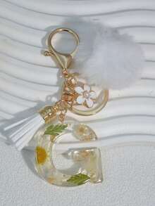 1pc White Daisy Dried Flower Letter Keychain, Embossed Tassel Pom Pom White Pearl Flower Keyring Gift - White - View 25