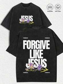 Graphic Tees Men, Forgive Like Jesus Floral Print T-Shirt, Vintage, Christian, Faith, Casual, Inspirational, Free Shipping - 灰色 - 查看 7