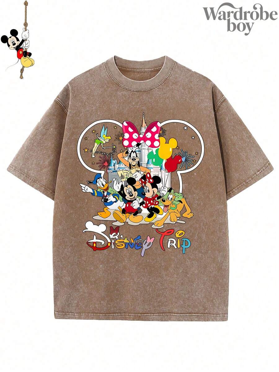 Disney Printed Wash Water T-Shirt,Disney Family Travel T-Shirt, Disney World T-Shirt,Unisex,High-Quality Pure Cotton T-Shirt,Suitable For All Seasons, Comfortable And Breathable| Exquisite Design | The Best Choice For Giving Gifts - Khaki - View 1