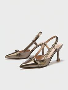Women's Pointed Toe Solid Color Strap Buckle Ankle Strap Party Formal Dress Shoes With Slim High Heels - Bronze - View 4
