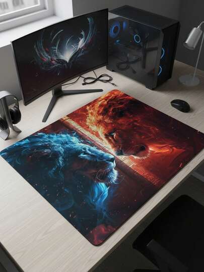 大尺寸防水防滑光滑布面冰火狮王霸气插画鼠标垫，也可作键盘垫、桌垫或书架使用，适合游戏玩家、办公室和宿舍使用，兼容鼠标和轨迹球，是送给游戏玩家的绝佳礼物。