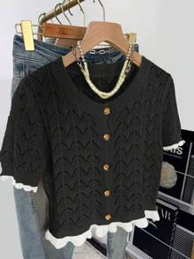 Women's Spring/Summer New: Hollow Floral Pattern Ruffle Hem Short Sleeve Knit Top; Women's Spring/Summer New: Fashionable Elegant Solid Color Hollow Design Date Night Knit Cardigan; Casual Comfortable Versatile Ruffle Hem Metal Button Knit Top; Yellow Hollow Knit Top Black - Black - View 10