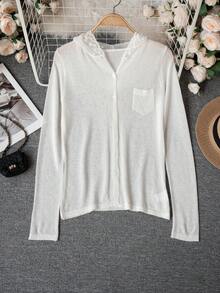 Casual Snowflake Textured Lace Hooded Long Sleeve Semi-Sheer Women Knit Sweater, Spring/Summer - White - View 6
