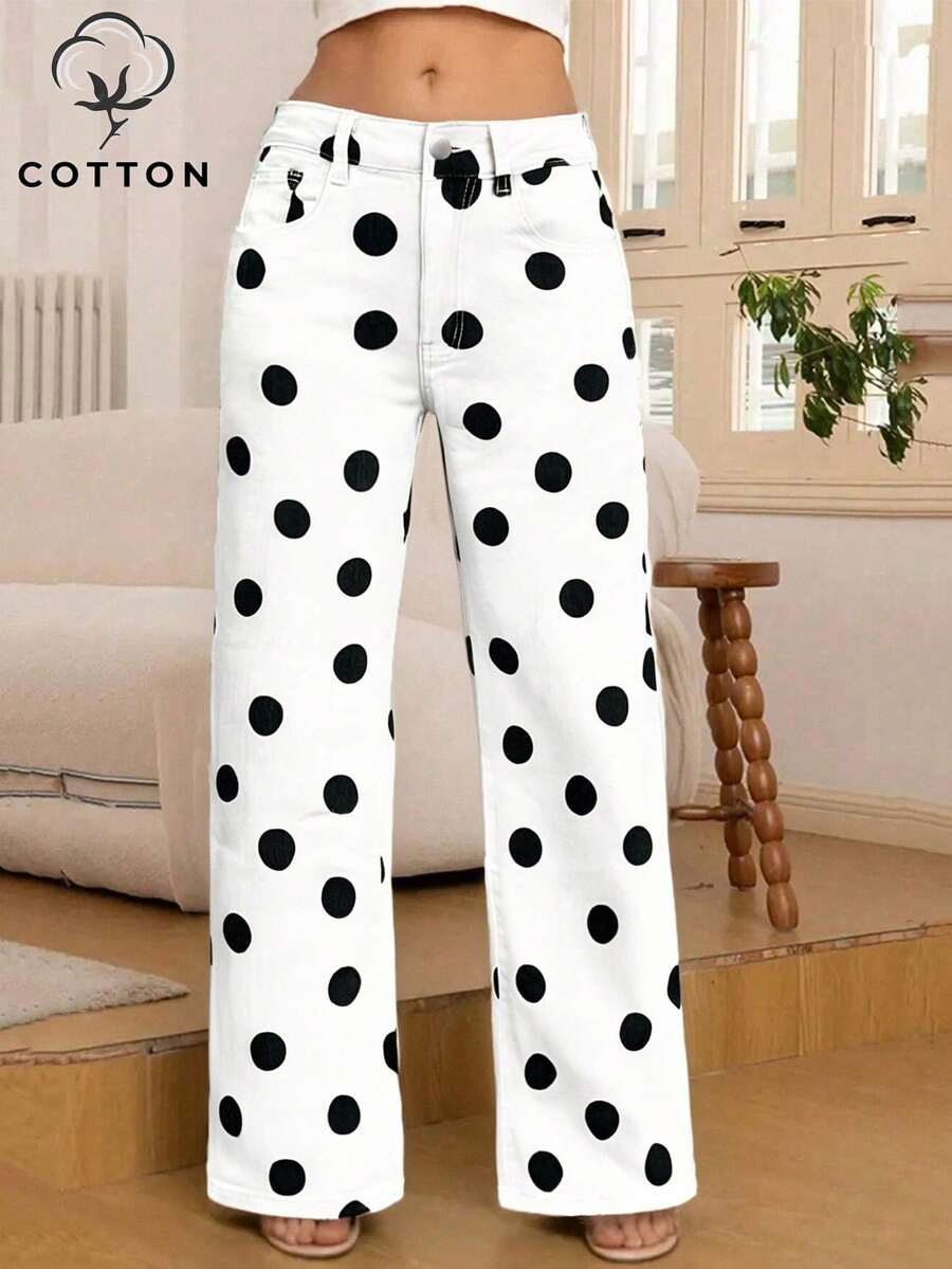 Pantalones rectos de primavera casuales con bolsillo delantero elástico a lunares en estilo retro dulce y nuevo - Blanco - Ver 1